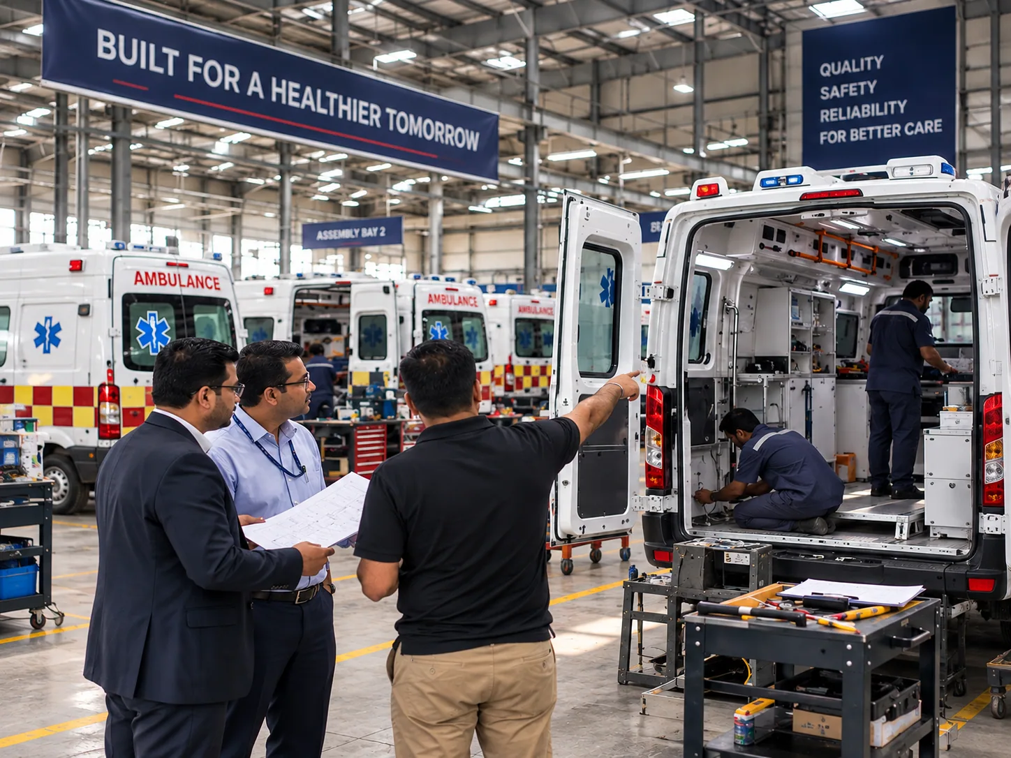 Team discussing an ambulance build